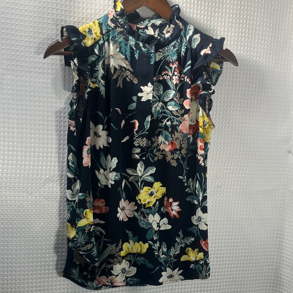 LOFT Navy Floral Ruffle Blouse- size small petite